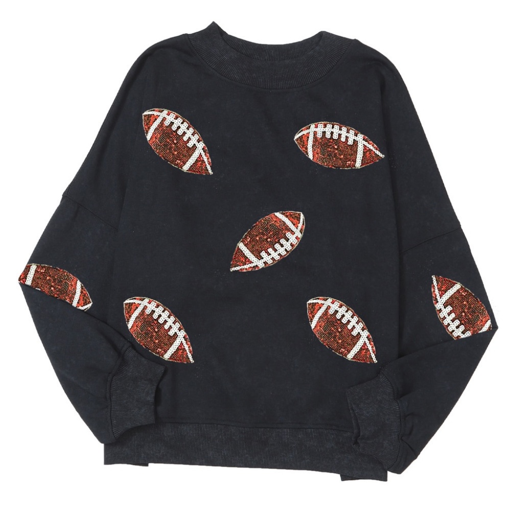Black Football Sparkle Crew Neck Sweater Game Day Sweater - Picture 5 of 5